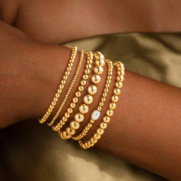 Women's 14k Real Gold Plated Trendy Beaded Stack Adjustable Pearl Bracelet Set - Picture 2 of 7